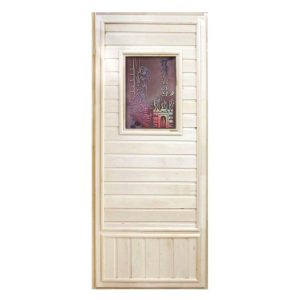 Дверь DoorWood Вагонка эконом 75х185, со стеклом Девушка в баньке